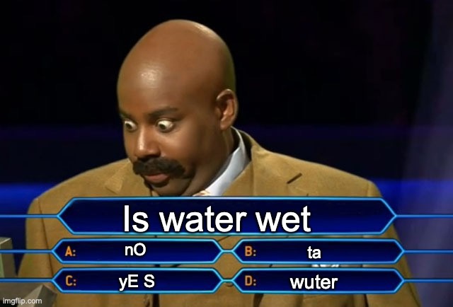 Who wants to be a millionaire? | Is water wet; nO; ta; wuter; yE S | image tagged in who wants to be a millionaire | made w/ Imgflip meme maker