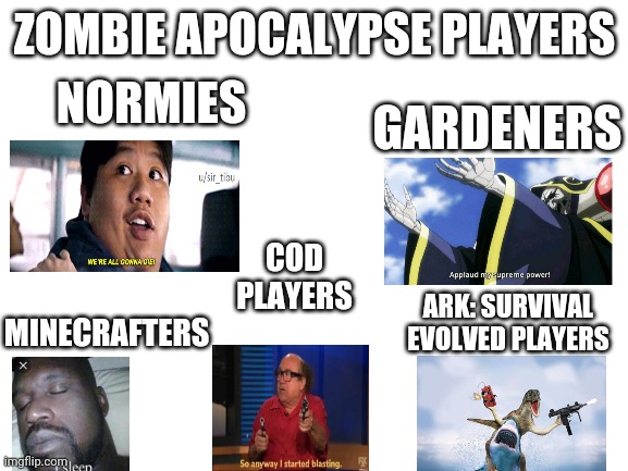 Zombie land suckas | ZOMBIE APOCALYPSE PLAYERS; NORMIES; GARDENERS; COD PLAYERS; ARK: SURVIVAL EVOLVED PLAYERS; MINECRAFTERS | image tagged in blank white template | made w/ Imgflip meme maker