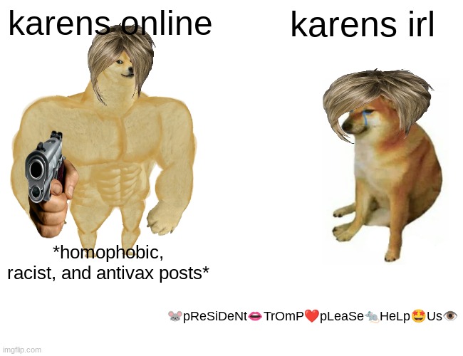 Karens | karens online; karens irl; *homophobic, racist, and antivax posts*; 🐭pReSiDeNt👄TrOmP❤️pLeaSe🐀HeLp🤩Us👁️ | image tagged in memes,buff doge vs cheems,karen | made w/ Imgflip meme maker