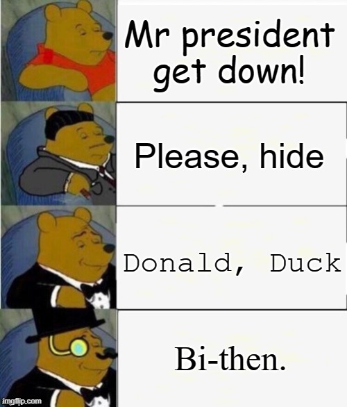Mr. President | Mr president get down! Please, hide; Donald, Duck; Bi-then. | image tagged in tuxedo winnie the pooh,winnie the pooh,trump | made w/ Imgflip meme maker
