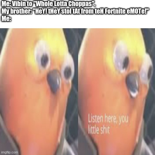 it's always the popular things... | Me: Vibin to "Whole Lotta Choppas".
My brother: "HeY! tHeY stol tAt from teH Fortnite eMOTe!"
Me: | image tagged in listen here you little shit bird | made w/ Imgflip meme maker