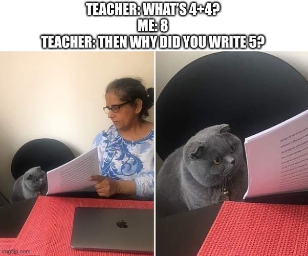 Minecraft enchants be like: | TEACHER: WHAT’S 4+4?
ME: 8
TEACHER: THEN WHY DID YOU WRITE 5? | image tagged in woman showing paper to cat,memes,minecraft | made w/ Imgflip meme maker