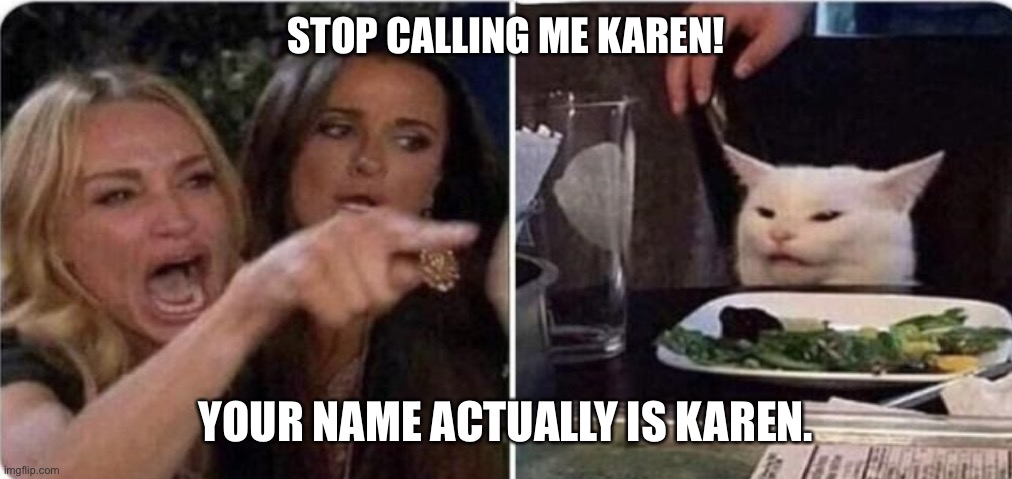 Angry women yelling at confused cat at dinner table | STOP CALLING ME KAREN! YOUR NAME ACTUALLY IS KAREN. | image tagged in angry women yelling at confused cat at dinner table | made w/ Imgflip meme maker