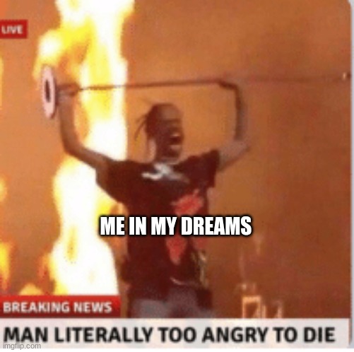 man literally too angery to die | ME IN MY DREAMS | image tagged in man literally too angery to die | made w/ Imgflip meme maker