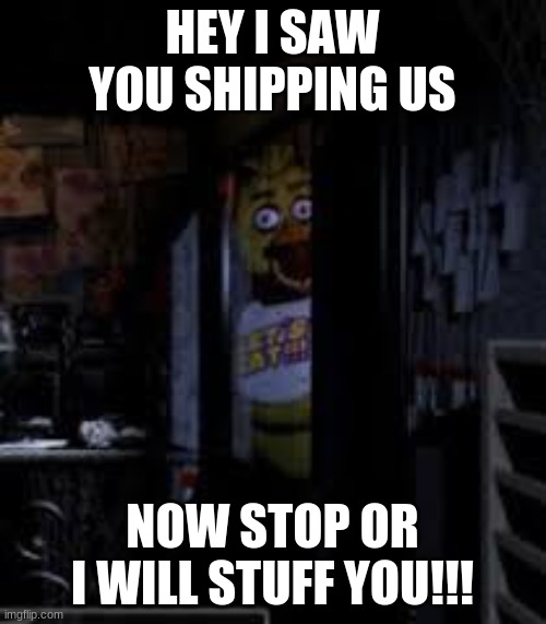 Chica Looking In Window FNAF | HEY I SAW YOU SHIPPING US NOW STOP OR I WILL STUFF YOU!!! | image tagged in chica looking in window fnaf | made w/ Imgflip meme maker