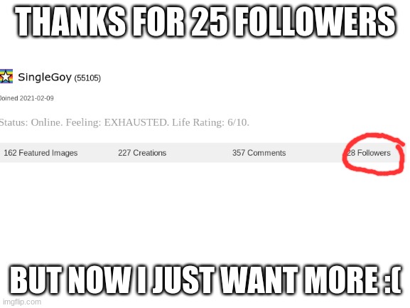 sigh | THANKS FOR 25 FOLLOWERS; BUT NOW I JUST WANT MORE :( | image tagged in blank white template,followers | made w/ Imgflip meme maker