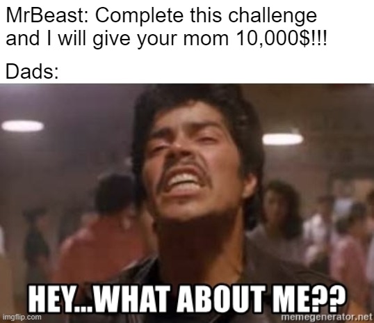 Dads in MrBeast's vid | MrBeast: Complete this challenge and I will give your mom 10,000$!!! Dads: | image tagged in mr beast | made w/ Imgflip meme maker