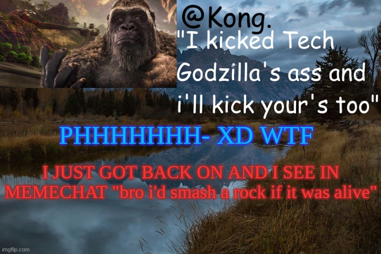 LMAO | PHHHHHHH- XD WTF; I JUST GOT BACK ON AND I SEE IN MEMECHAT "bro i'd smash a rock if it was alive" | image tagged in kong 's new temp | made w/ Imgflip meme maker