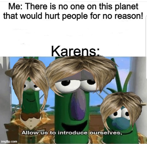 MaY i SpEaK tO yOuR mAnAgEr | Me: There is no one on this planet that would hurt people for no reason! Karens: | image tagged in allow us to introduce ourselves | made w/ Imgflip meme maker