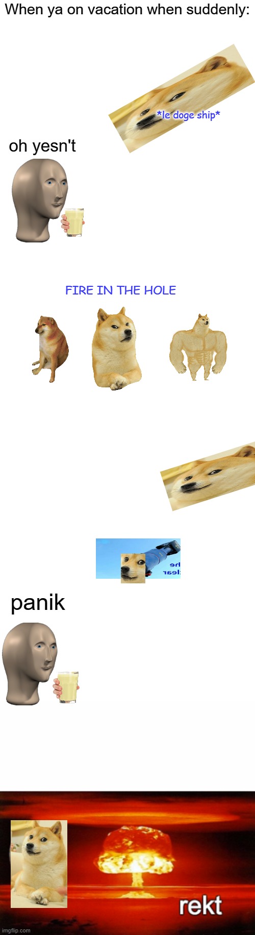 *Insert Bruh here* | When ya on vacation when suddenly:; *le doge ship*; oh yesn't; FIRE IN THE HOLE; panik | image tagged in memes,doge,le dogeship | made w/ Imgflip meme maker
