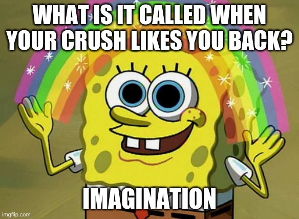 imagination | WHAT IS IT CALLED WHEN YOUR CRUSH LIKES YOU BACK? IMAGINATION | image tagged in memes,imagination spongebob | made w/ Imgflip meme maker