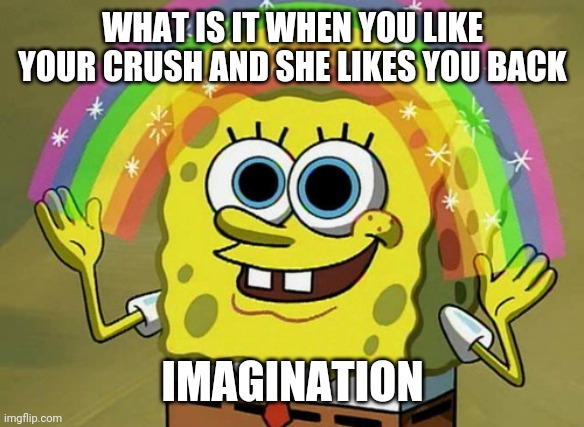 Imagination Spongebob Meme | WHAT IS IT WHEN YOU LIKE YOUR CRUSH AND SHE LIKES YOU BACK; IMAGINATION | image tagged in memes,imagination spongebob | made w/ Imgflip meme maker