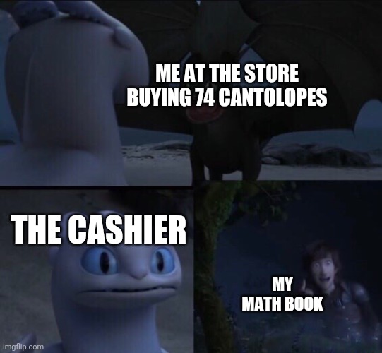 How to train your dragon 3 | ME AT THE STORE BUYING 74 CANTOLOPES; THE CASHIER; MY MATH BOOK | image tagged in how to train your dragon 3 | made w/ Imgflip meme maker
