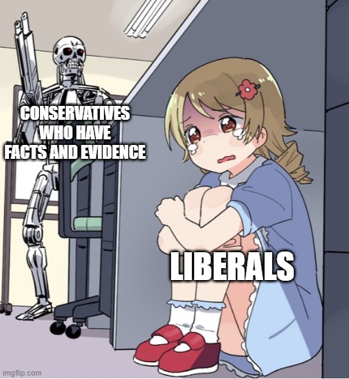 Anime Girl Hiding from Terminator | CONSERVATIVES WHO HAVE FACTS AND EVIDENCE; LIBERALS | image tagged in anime girl hiding from terminator | made w/ Imgflip meme maker