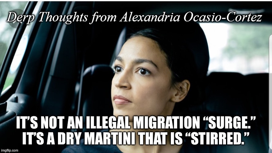 AOC is drunk with stupidity and hypocrisy | IT’S NOT AN ILLEGAL MIGRATION “SURGE.” IT’S A DRY MARTINI THAT IS “STIRRED.” | image tagged in derp thoughts from aoc,alexandria ocasio-cortez,illegal aliens,drinking,stupid,border | made w/ Imgflip meme maker