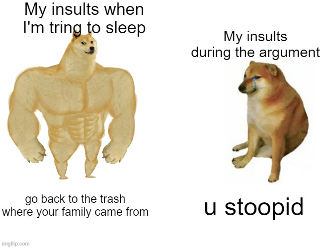 Buff Doge vs. Cheems Meme | My insults when I'm tring to sleep; My insults during the argument; go back to the trash where your family came from; u stoopid | image tagged in memes,buff doge vs cheems | made w/ Imgflip meme maker