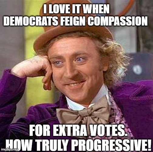 Creepy Condescending Wonka Meme | I LOVE IT WHEN DEMOCRATS FEIGN COMPASSION FOR EXTRA VOTES. HOW TRULY PROGRESSIVE! | image tagged in memes,creepy condescending wonka | made w/ Imgflip meme maker