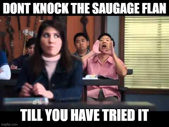 ha gay | DONT KNOCK THE SAUGAGE FLAN TILL YOU HAVE TRIED IT | image tagged in ha gay | made w/ Imgflip meme maker
