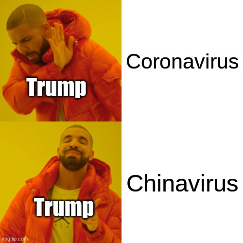 Drake Hotline Bling | Coronavirus; Trump; Chinavirus; Trump | image tagged in memes,drake hotline bling | made w/ Imgflip meme maker