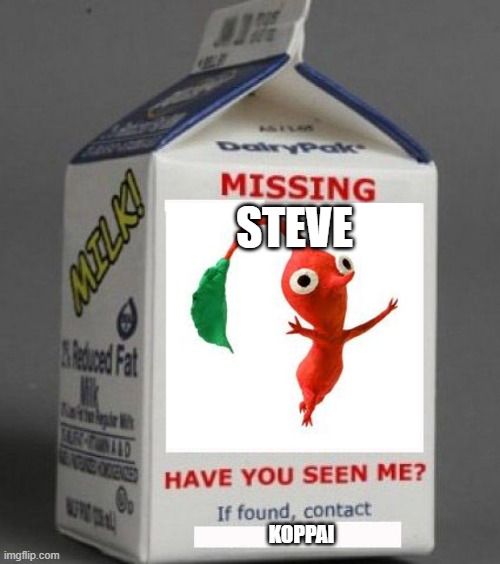 Steve the Red Pikmin is missing?! | STEVE; KOPPAI | image tagged in milk carton,steve the red pikmin,pikmin | made w/ Imgflip meme maker