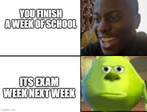 Oh yeah! Oh no... |  YOU FINISH A WEEK OF SCHOOL; ITS EXAM WEEK NEXT WEEK | image tagged in oh yeah oh no | made w/ Imgflip meme maker