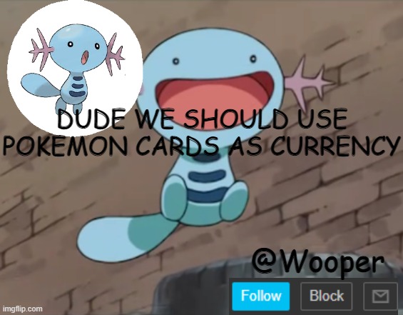 e | DUDE WE SHOULD USE POKEMON CARDS AS CURRENCY | image tagged in wooper template | made w/ Imgflip meme maker