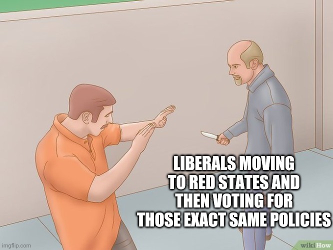 crazy stabbing | LIBERALS MOVING TO RED STATES AND THEN VOTING FOR THOSE EXACT SAME POLICIES | image tagged in crazy stabbing | made w/ Imgflip meme maker