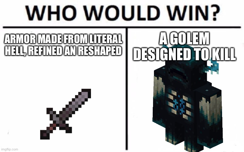 Who Would Win? | ARMOR MADE FROM LITERAL HELL, REFINED AN RESHAPED; A GOLEM DESIGNED TO KILL | image tagged in memes,who would win | made w/ Imgflip meme maker