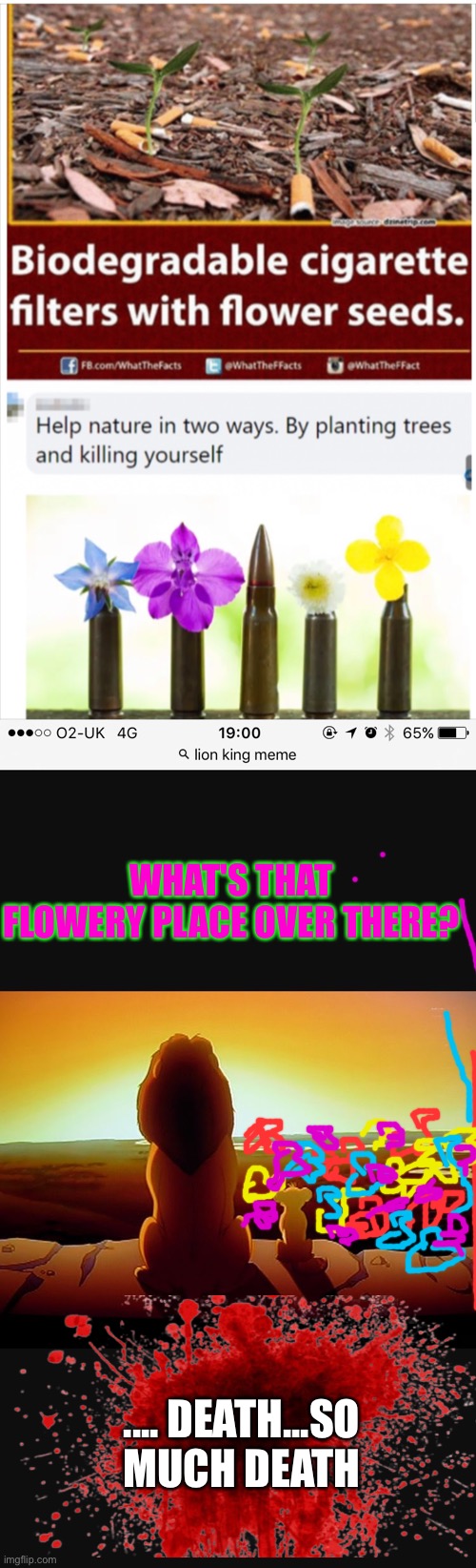 Cigarette deaths boo! Gun deaths boo! Flowers yay! | WHAT'S THAT FLOWERY PLACE OVER THERE? .... DEATH...SO MUCH DEATH | image tagged in what's that shadowy place,flowers,flower power,bullets,cigarettes,death | made w/ Imgflip meme maker