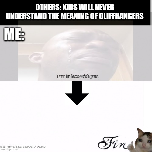 Confess. The end. | ME:; OTHERS: KIDS WILL NEVER UNDERSTAND THE MEANING OF CLIFFHANGERS | image tagged in anime,meme,fate | made w/ Imgflip meme maker
