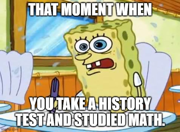 did you? | THAT MOMENT WHEN; YOU TAKE A HISTORY TEST AND STUDIED MATH. | image tagged in spongebob | made w/ Imgflip meme maker