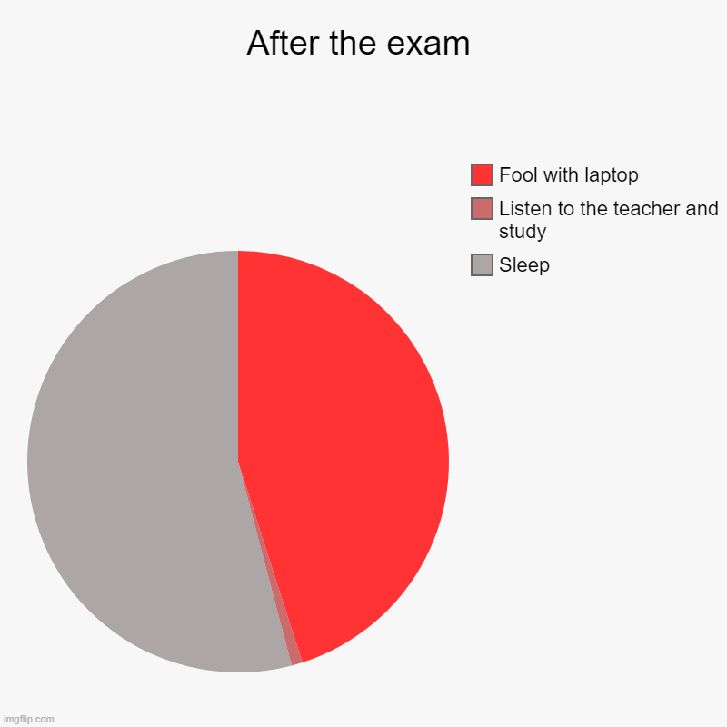 After the exam | After the exam | Sleep, Listen to the teacher and study, Fool with laptop | image tagged in charts,pie charts | made w/ Imgflip chart maker