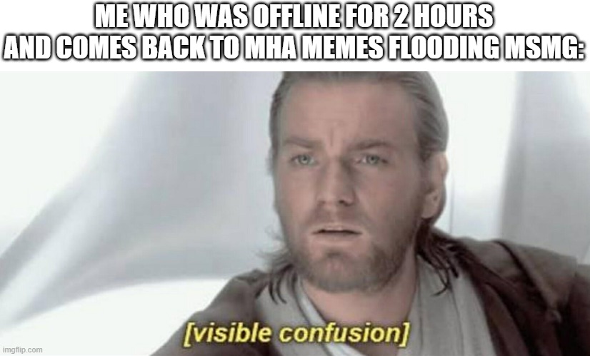 what did i miss? | ME WHO WAS OFFLINE FOR 2 HOURS AND COMES BACK TO MHA MEMES FLOODING MSMG: | image tagged in visible confusion | made w/ Imgflip meme maker