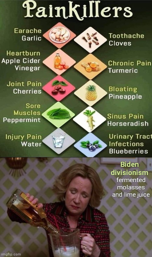 Natural Remedies For Today's World | Biden divisionism; fermented molasses and lime juice | image tagged in green screen,mother nature,remedies,biden divisionism,parody | made w/ Imgflip meme maker