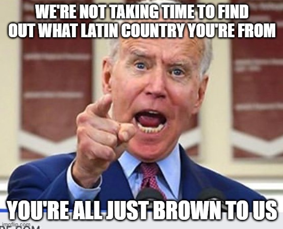 Joe Biden no malarkey | WE'RE NOT TAKING TIME TO FIND OUT WHAT LATIN COUNTRY YOU'RE FROM; YOU'RE ALL JUST BROWN TO US | image tagged in joe biden no malarkey | made w/ Imgflip meme maker