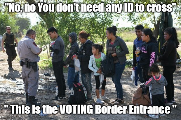Voter ID | "No, no You don't need any ID to cross"; " This is the VOTING Border Entrance " | image tagged in memes | made w/ Imgflip meme maker
