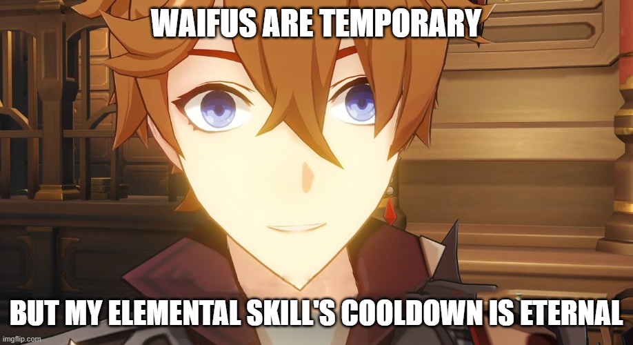 WAIFUS ARE TEMPORARY; BUT MY ELEMENTAL SKILL'S COOLDOWN IS ETERNAL | image tagged in genshin impact | made w/ Imgflip meme maker