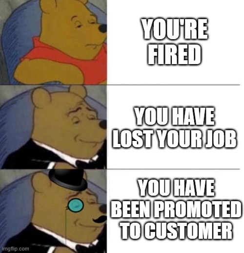 Tuxedo Winnie the Pooh (3 panel) | YOU'RE FIRED; YOU HAVE LOST YOUR JOB; YOU HAVE BEEN PROMOTED TO CUSTOMER | image tagged in tuxedo winnie the pooh 3 panel,memes | made w/ Imgflip meme maker