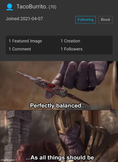 Also go follow him | image tagged in thanos perfectly balanced as all things should be | made w/ Imgflip meme maker
