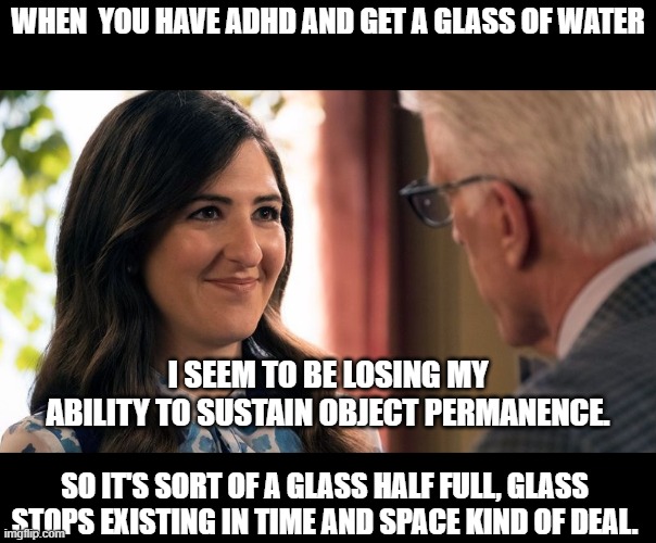 ADHD Janet | WHEN  YOU HAVE ADHD AND GET A GLASS OF WATER; I SEEM TO BE LOSING MY ABILITY TO SUSTAIN OBJECT PERMANENCE. SO IT'S SORT OF A GLASS HALF FULL, GLASS STOPS EXISTING IN TIME AND SPACE KIND OF DEAL. | image tagged in adhd,janet,the god place | made w/ Imgflip meme maker
