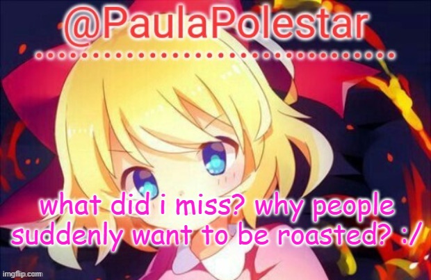 >:o | what did i miss? why people suddenly want to be roasted? :/ | image tagged in paula announcement 2 | made w/ Imgflip meme maker