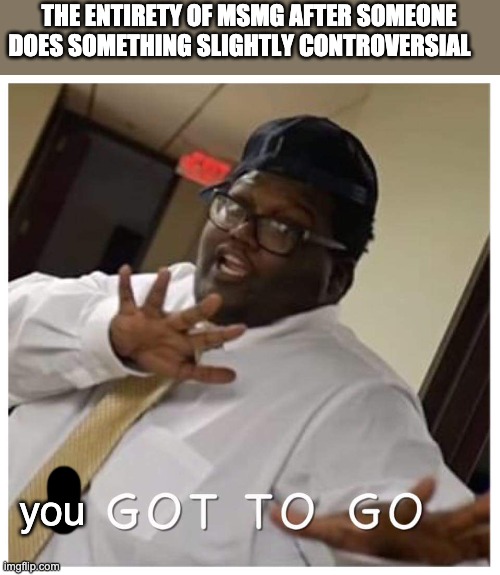 I got to GO | THE ENTIRETY OF MSMG AFTER SOMEONE DOES SOMETHING SLIGHTLY CONTROVERSIAL; you | image tagged in i got to go | made w/ Imgflip meme maker