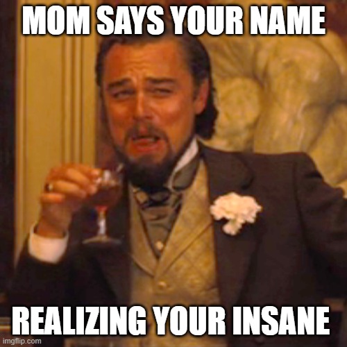 ha | MOM SAYS YOUR NAME; REALIZING YOUR INSANE | image tagged in memes,laughing leo | made w/ Imgflip meme maker