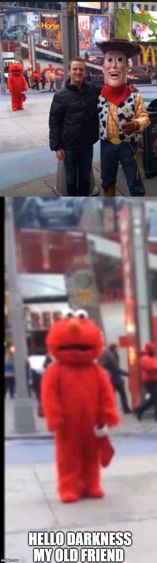 elmo | HELLO DARKNESS MY OLD FRIEND | image tagged in carhand | made w/ Imgflip meme maker