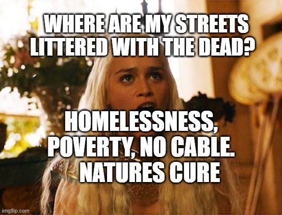 Where are my dragons | WHERE ARE MY STREETS LITTERED WITH THE DEAD? HOMELESSNESS, POVERTY, NO CABLE.      NATURES CURE | image tagged in where are my dragons | made w/ Imgflip meme maker