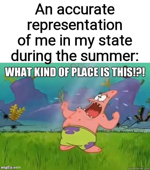 IT'S H O T | An accurate representation of me in my state during the summer: | image tagged in what kind of place is this | made w/ Imgflip meme maker