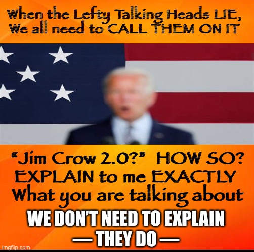 QUALIFY That Outright LIE     •     <neverwoke> | When the Lefty Talking Heads LIE,
We all need to CALL THEM ON IT; “Jim Crow 2.0?”  HOW SO?
EXPLAIN to me EXACTLY 
What you are talking about; WE DON’T NEED TO EXPLAIN
— THEY DO — | image tagged in explain your lie,biden hates america,demonrats,socialist administration,racist,no border crisis | made w/ Imgflip meme maker