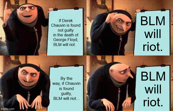 They are going to riot anyways. | If Derek Chauvin is found not guilty in the death of George Floyd, BLM will riot. BLM will riot. By the way, if Chauvin is found guilty, BLM will riot... BLM will riot. | image tagged in memes,gru's plan | made w/ Imgflip meme maker