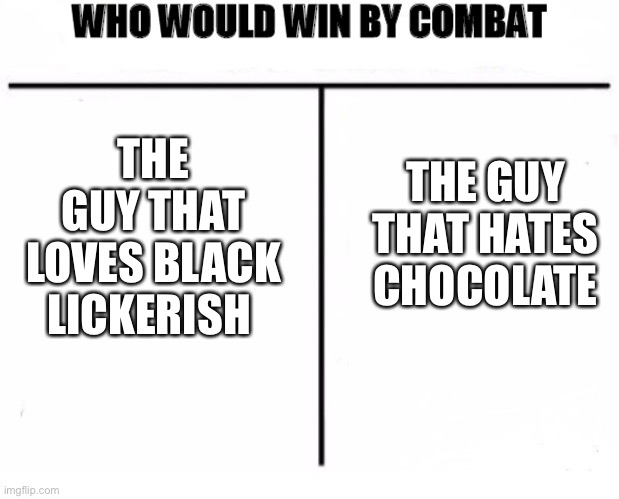 Who Would Win by Combat | THE GUY THAT HATES CHOCOLATE; THE GUY THAT LOVES BLACK LICKERISH | image tagged in who would win by combat | made w/ Imgflip meme maker