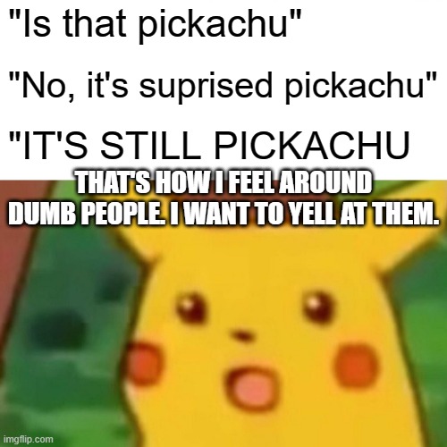 Is that pikachu? | "Is that pickachu"; "No, it's suprised pickachu"; "IT'S STILL PICKACHU; THAT'S HOW I FEEL AROUND DUMB PEOPLE. I WANT TO YELL AT THEM. | image tagged in memes,surprised pikachu | made w/ Imgflip meme maker